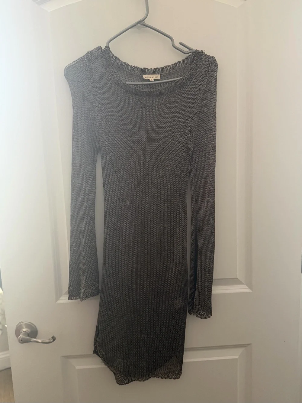 Metallic Long-Sleeve Knit Midi Sheer Dress in Bronze Color